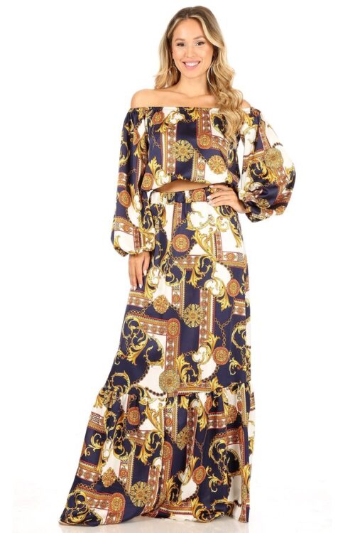 2-piece set: Chain print, cropped, off the shoulder top with a matching high rise maxi skirt