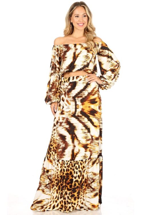 2-piece set: Tie dye and Leopard print, cropped, off the shoulder top with a matching high rise maxi skirt
