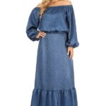 Solid maxi dress with off the shoulder sleeves, a cinched waist, and a ruffle hem