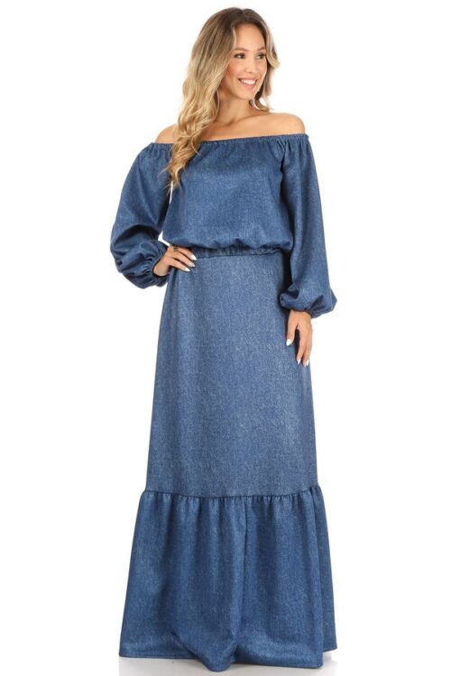 Solid maxi dress with off the shoulder sleeves, a cinched waist, and a ruffle hem